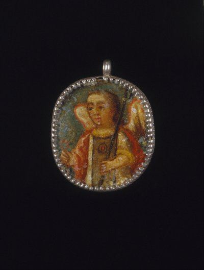 Medalhão Pintado em Medalhão, Reto-Anjo, Verso-Santa Bárbara com Atributos de um Castelo para ... de Unbekannt Unbekannt